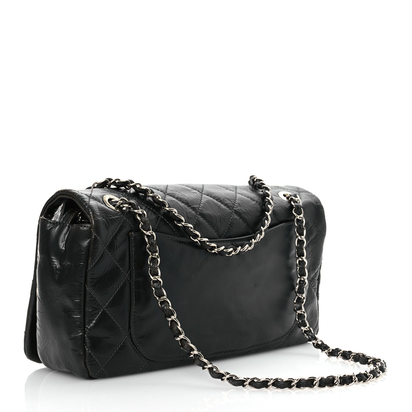 Glazed Calfskin Quilted CC Single Flap Black