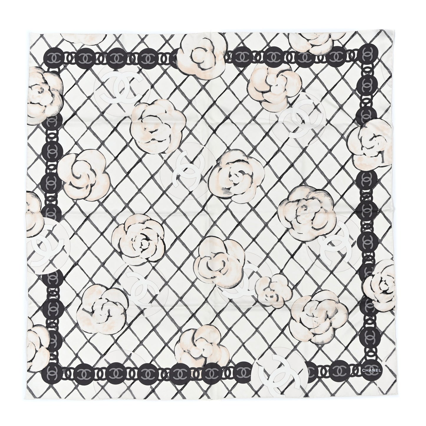 Silk CC Logo Camellia Scarf White Black