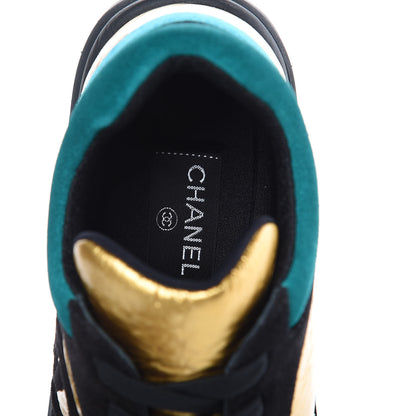 Chanel Fabric Calfskin Suede CC Womens Sneakers 38.5 Black Turquoise Gold 6 of 7