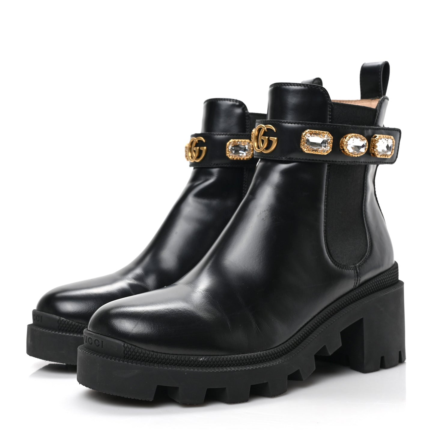 Calfskin Crystal GG Trip Chelsea Ankle Boots 36.5 Black