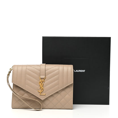 Saint Laurent Grain De Poudre Textured Mixed Matelasse Triquilt Monogram Clutch Dark Beige 8 of 8