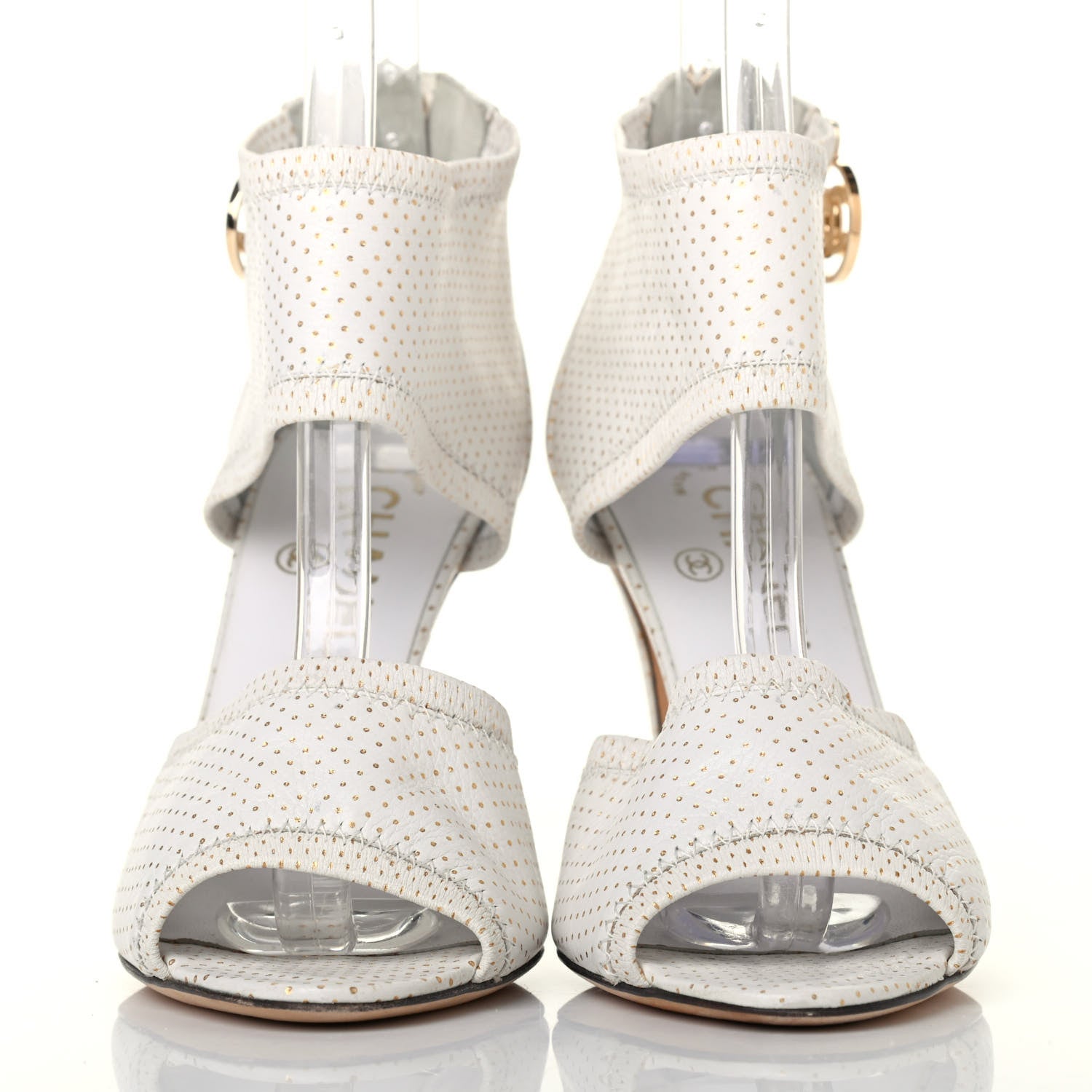 Chanel Calfskin Polka Dot Peep Toe Cut Out Pumps 37 White 2 of 4