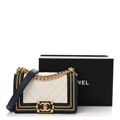 Chanel Calfskin Chevron Quilted Braided Small Boy Flap White Navy 11 of 11