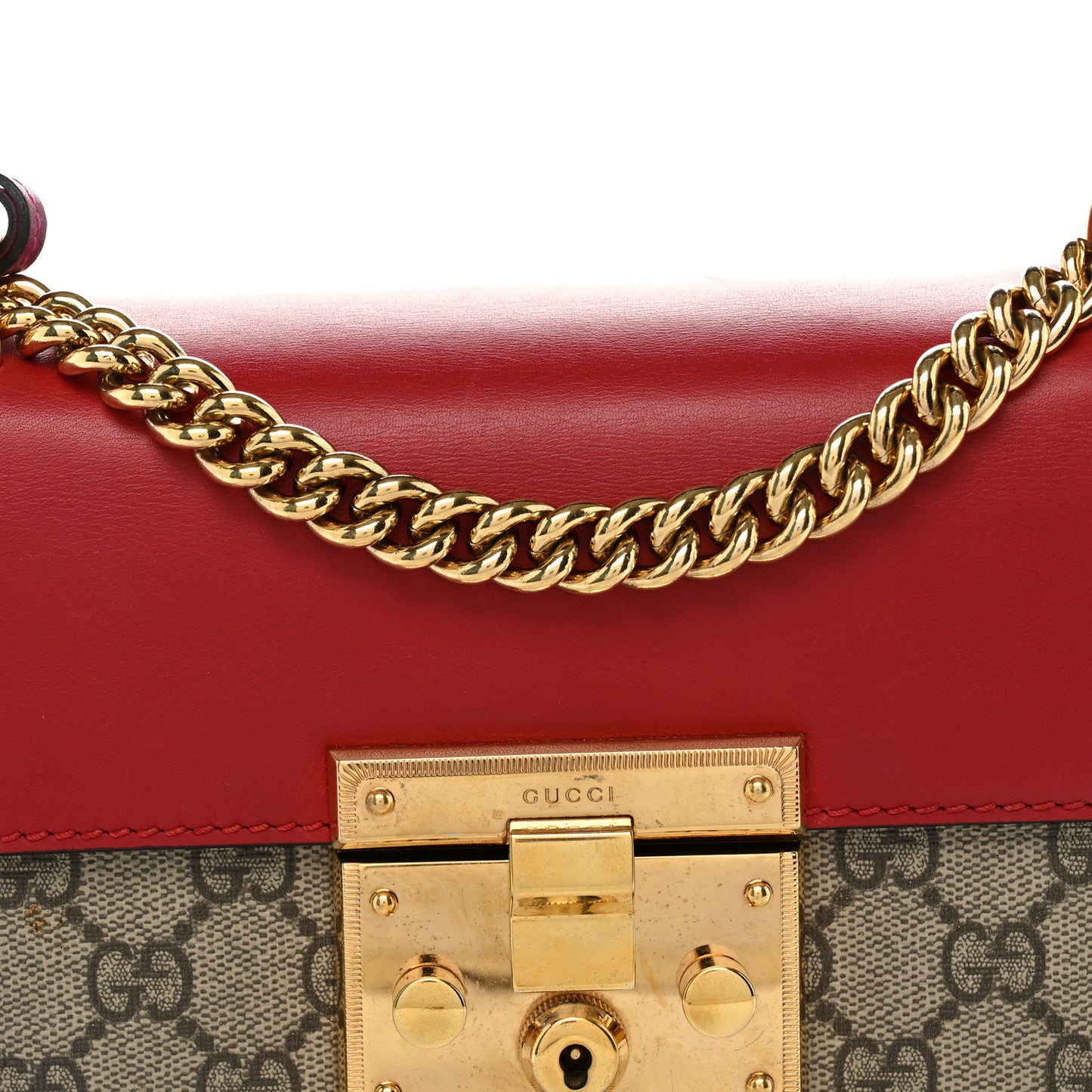 GG Supreme Monogram Calfskin Small Padlock Shoulder Bag Beige Hibiscus Red New Rosette