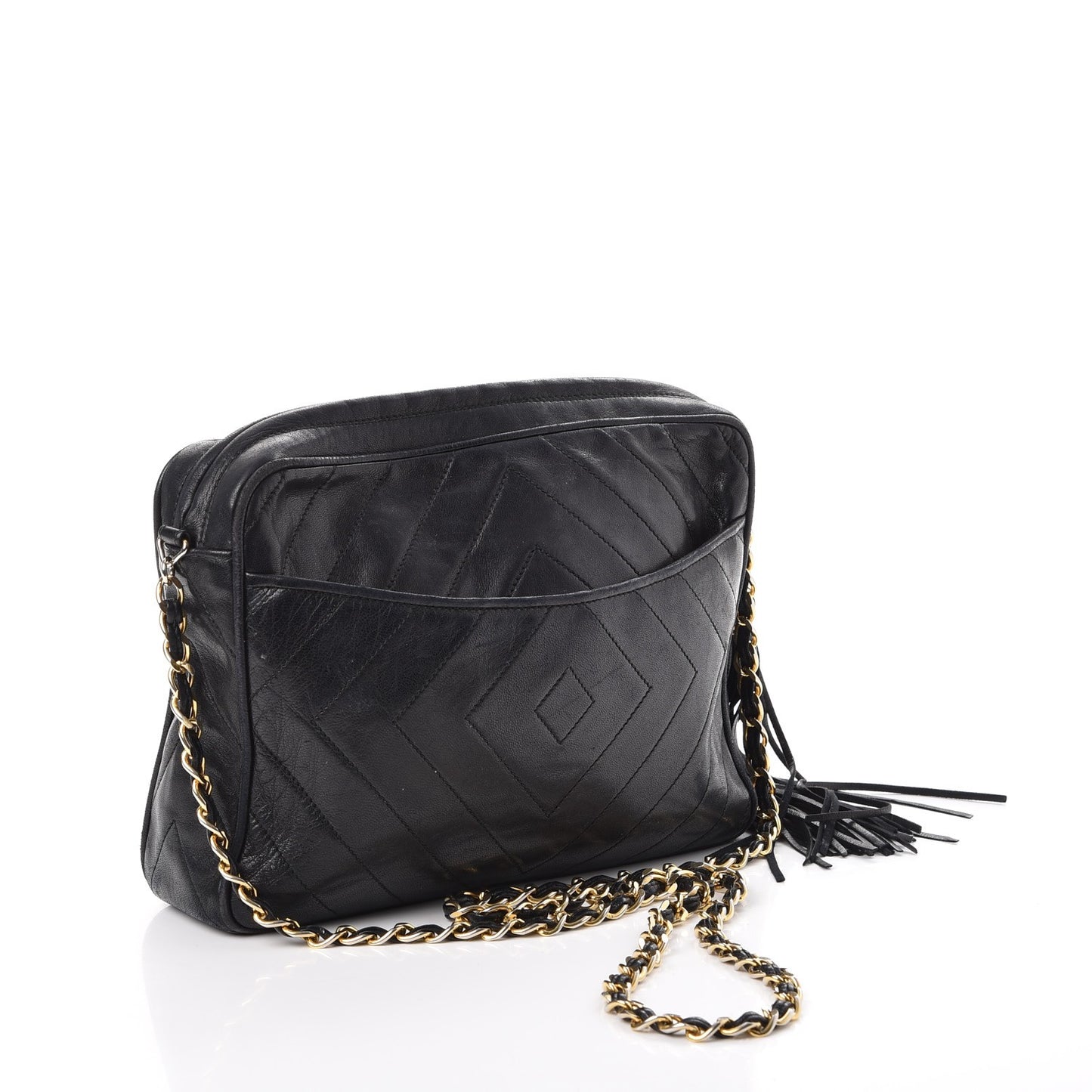 Lambskin Chevron Quilted Tassel Camera Case Black