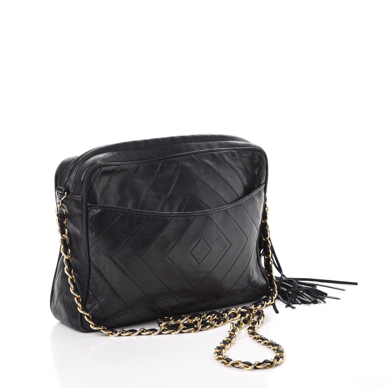 Chanel Lambskin Chevron Quilted Tassel Camera Case Black 3 of 9