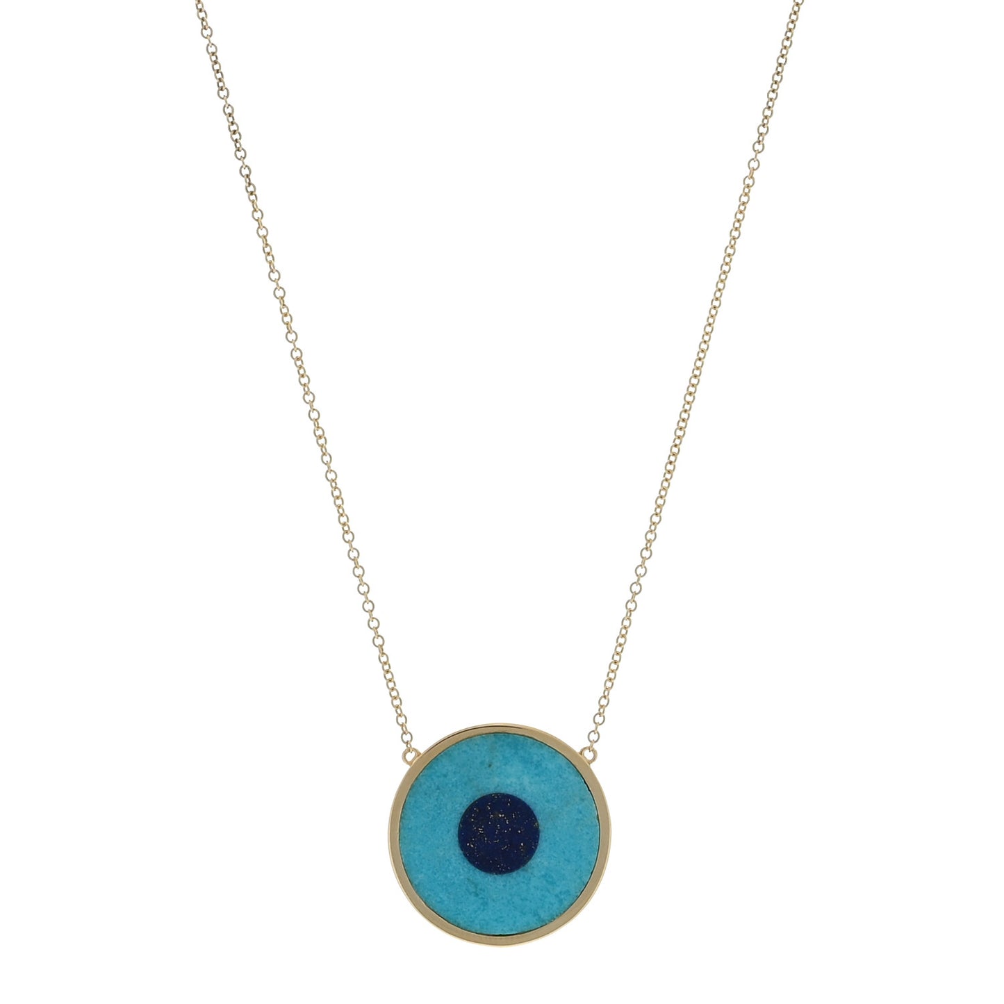 18K Yellow Gold Turquoise Lapis Lazuli Evil Eye Pendant Necklace