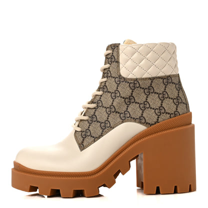 Gucci Calfskin GG Supreme Monogram Nappa Quilted Lace Up Ankle Boots 39 Mystic White Beige 1 of 7