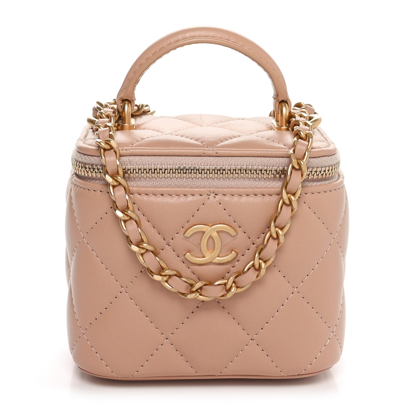 Lambskin Quilted Top Handle Mini Vanity Case With Chain Beige