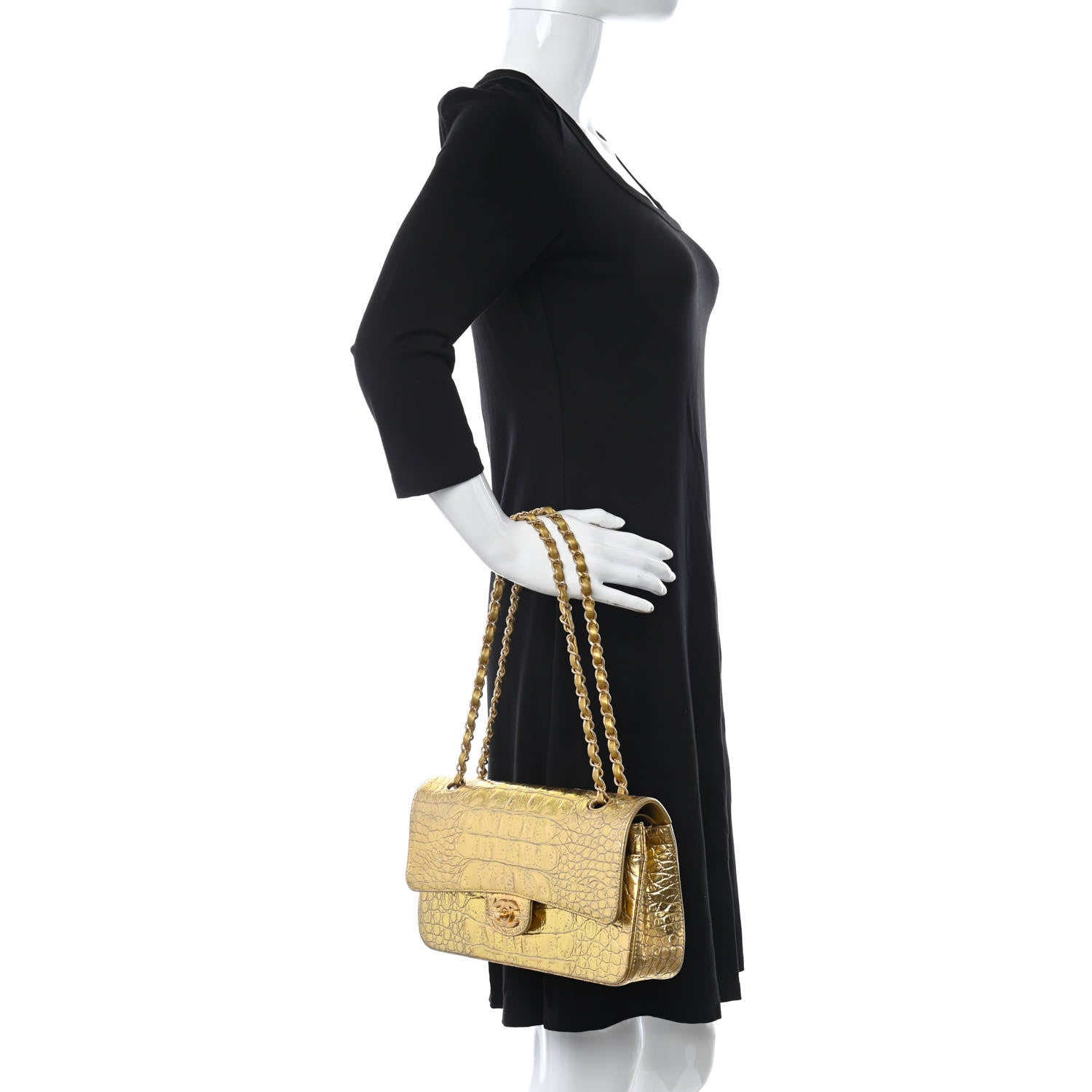 Chanel Metallic Calfskin Crocodile Embossed Cocodile Medium Double Flap Gold 2 of 11