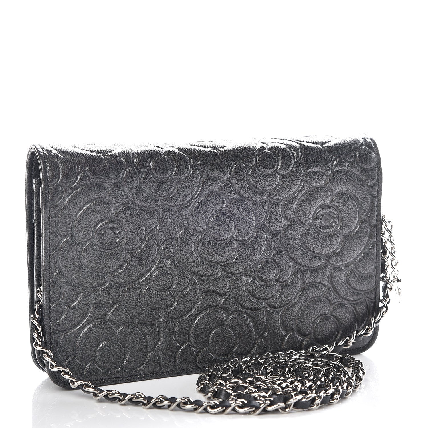 Chanel Goatskin Camellia Embossed Wallet On Chain WOC Grey 3 of 11
