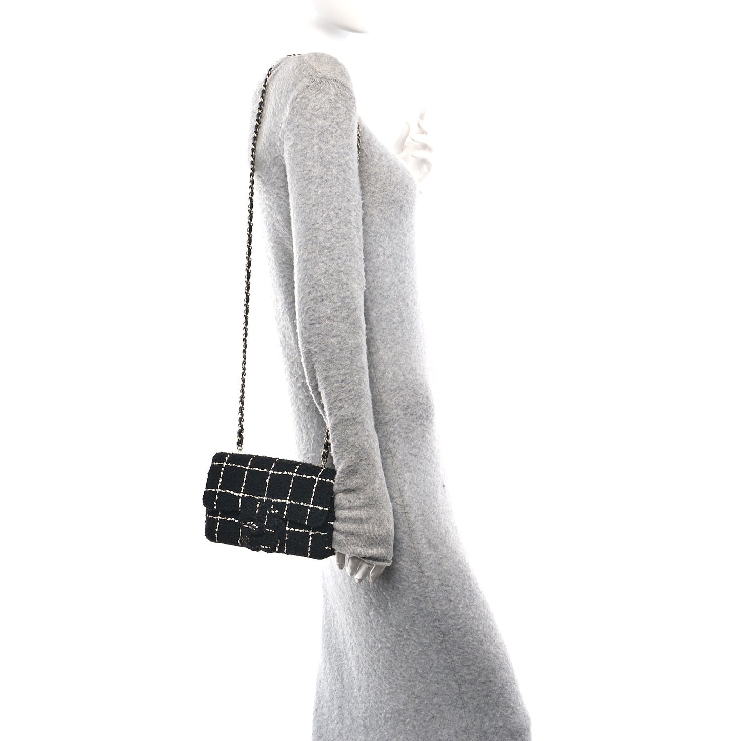 Tweed Quilted Mini Rectangular Camellia Flap Black White