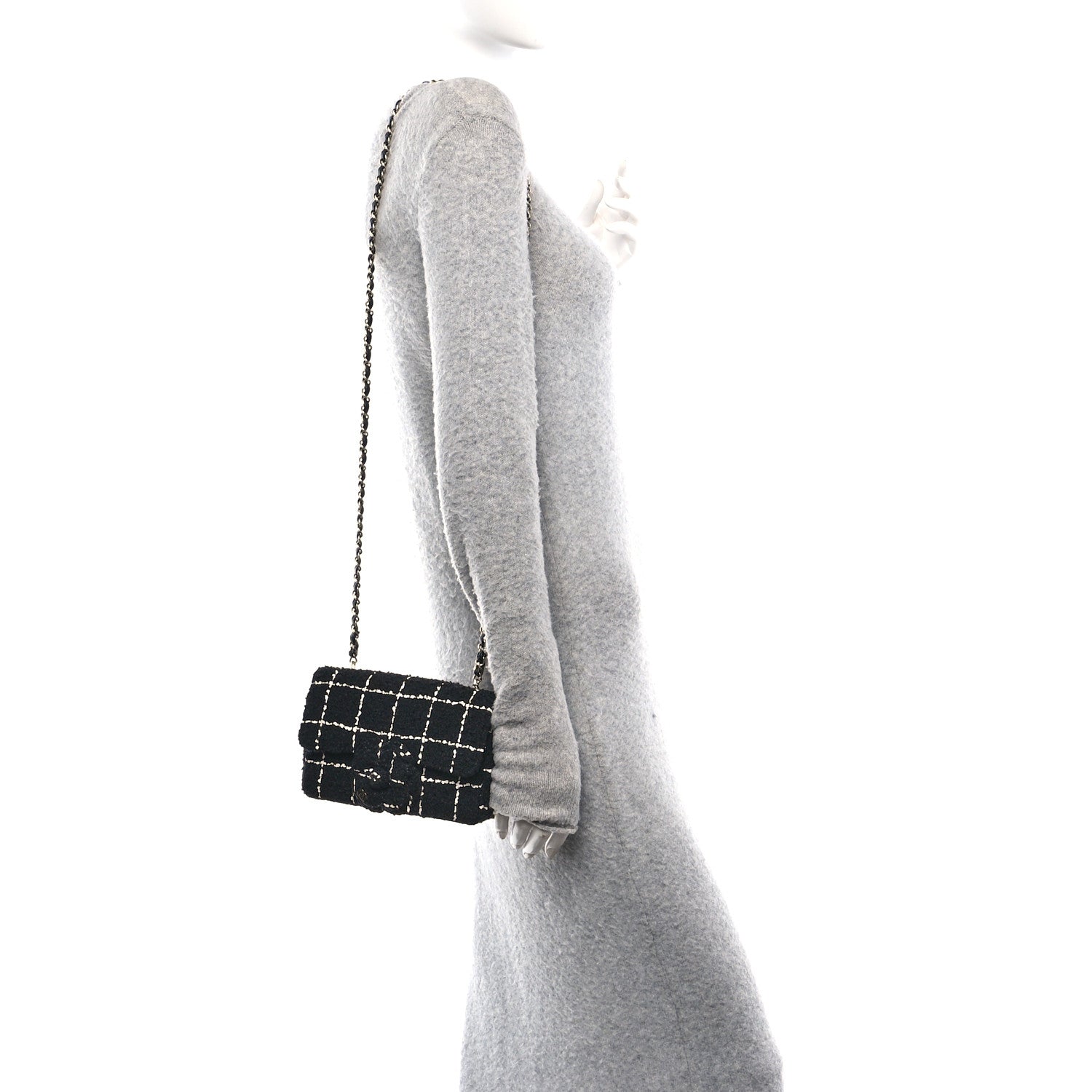 Chanel Tweed Quilted Mini Rectangular Camellia Flap Black White 3 of 10