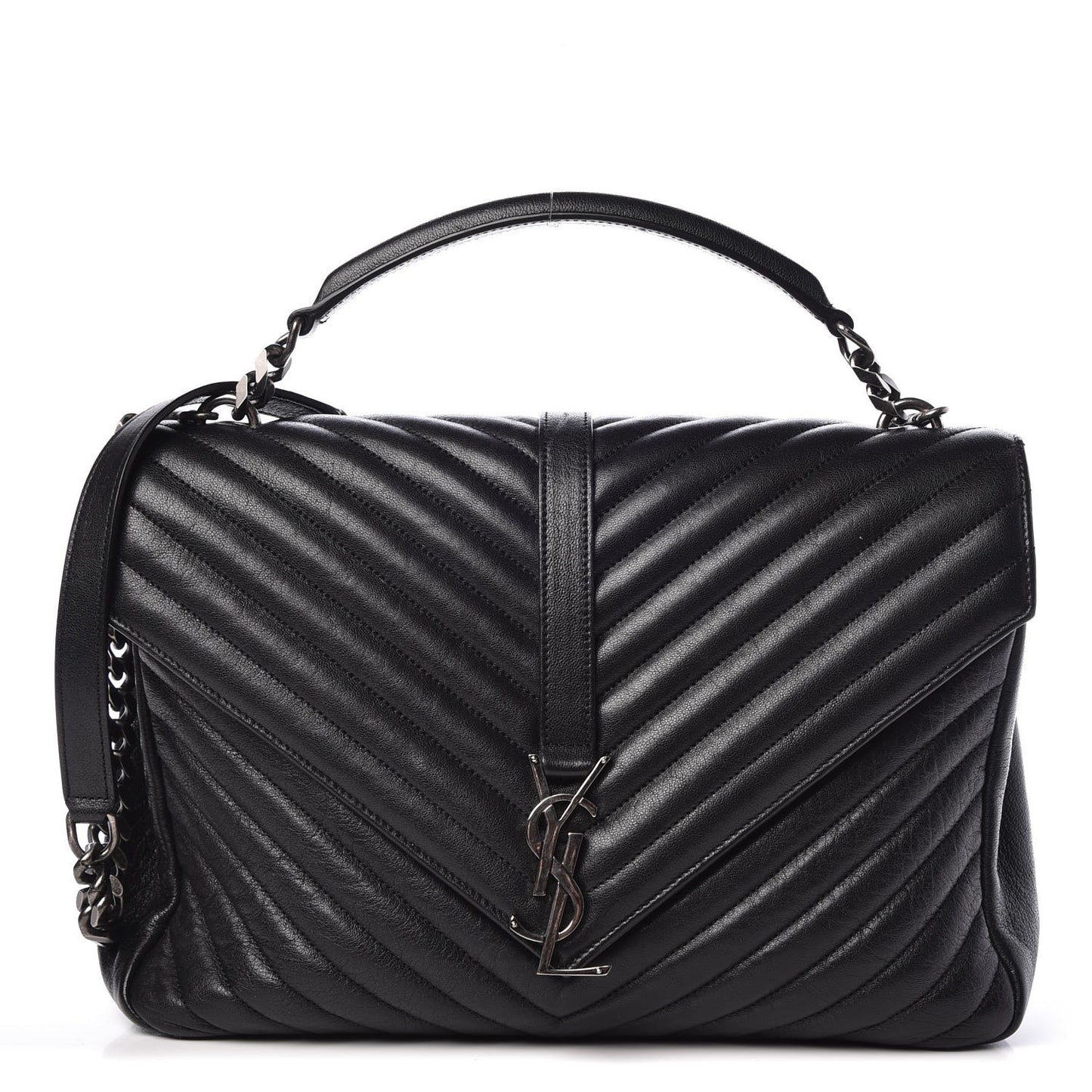 Sheepskin Matelasse Chevron Monogram Large College Satchel Black