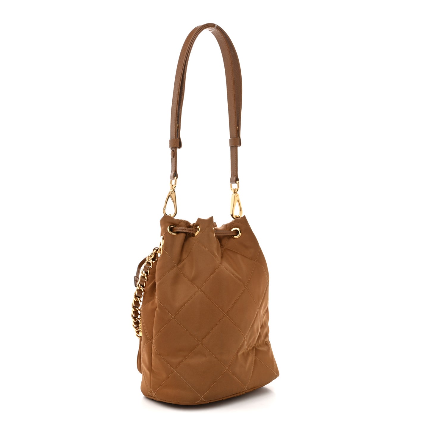 Re-Nylon Saffiano Stitched Re-Edition 1995 Chaine Drawstring Bucket Bag Brandy