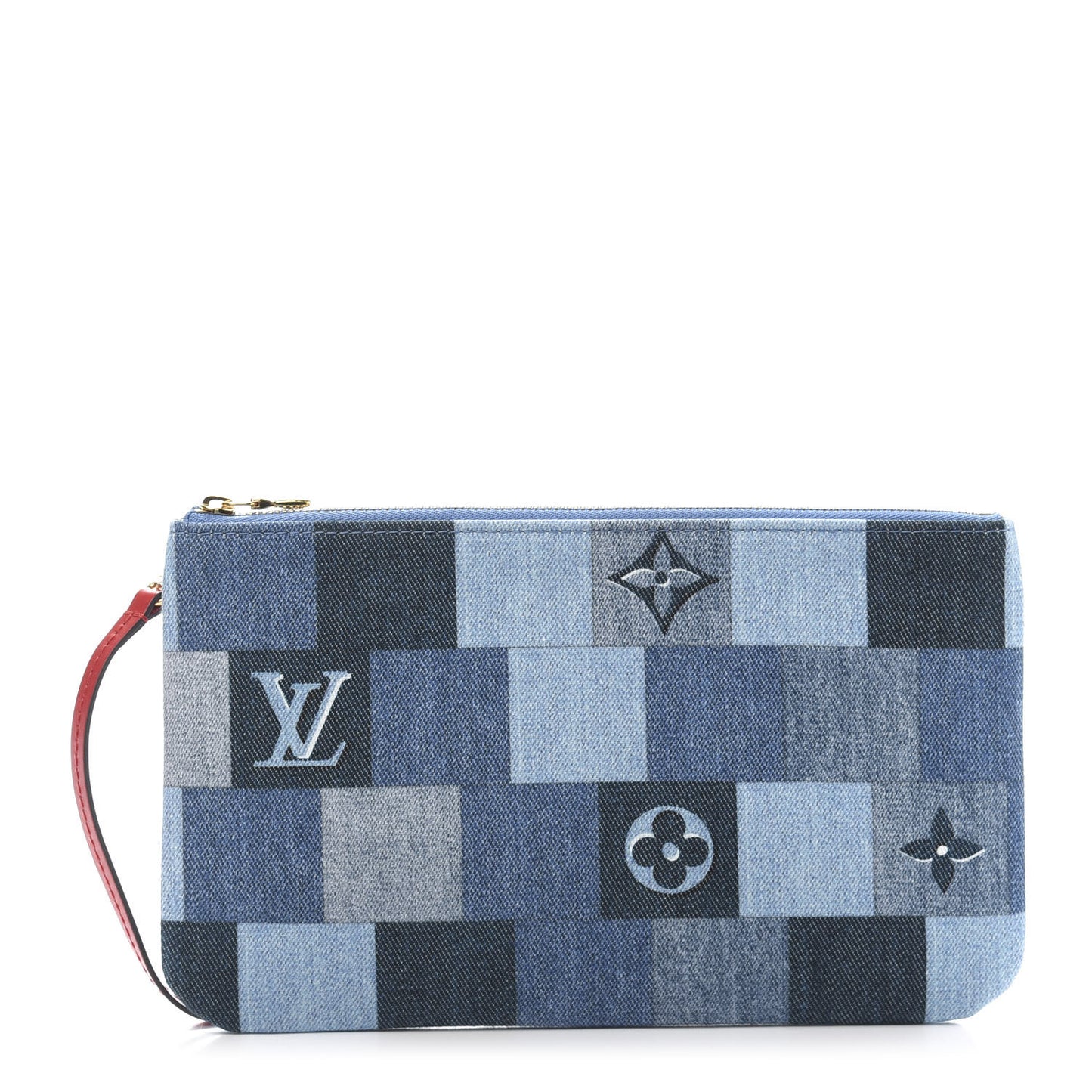 Denim Damier Monogram Patchwork Neverfull MM Pochette Blue Rouge