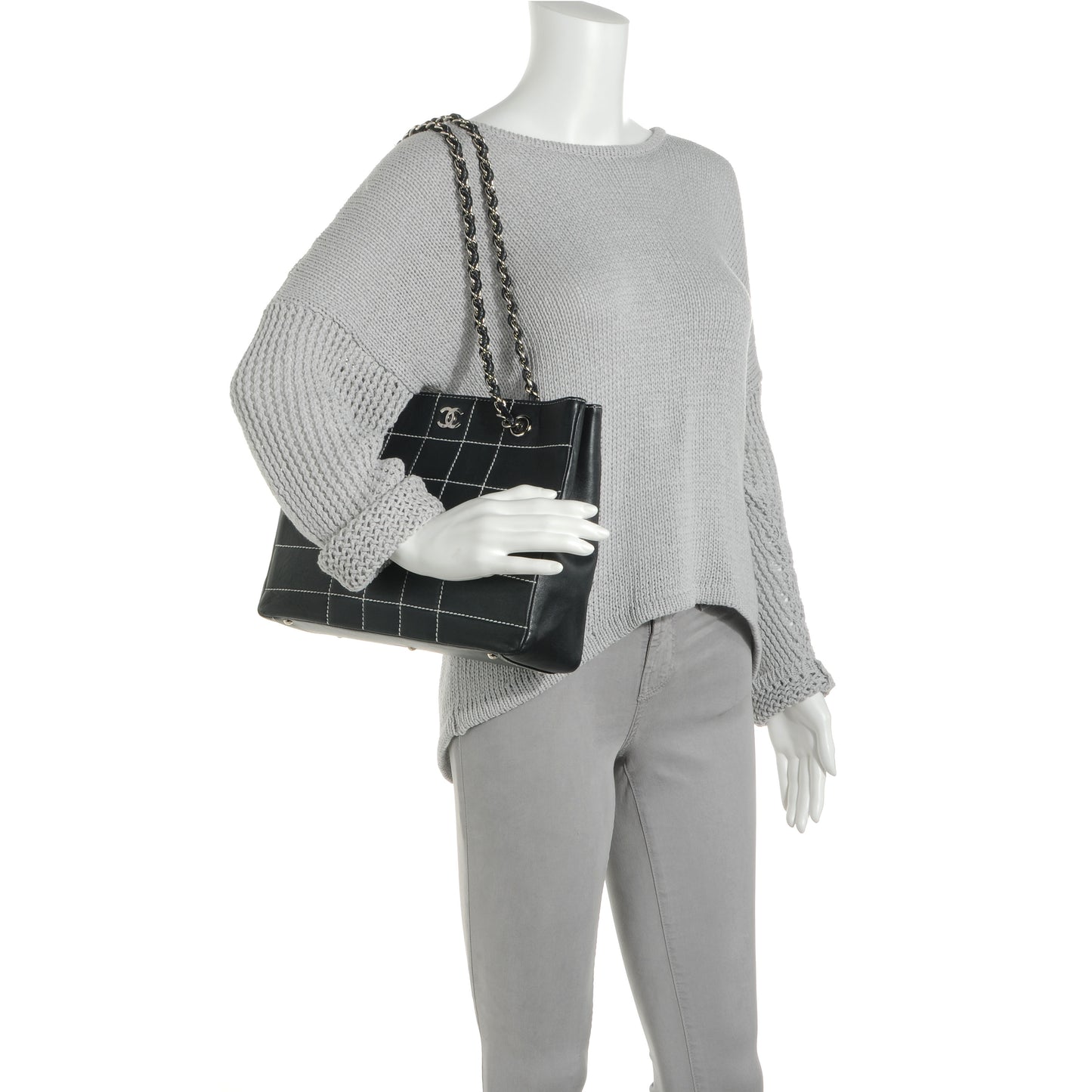 Leather Contrast Stitch Surpique Shoulder Bag Navy