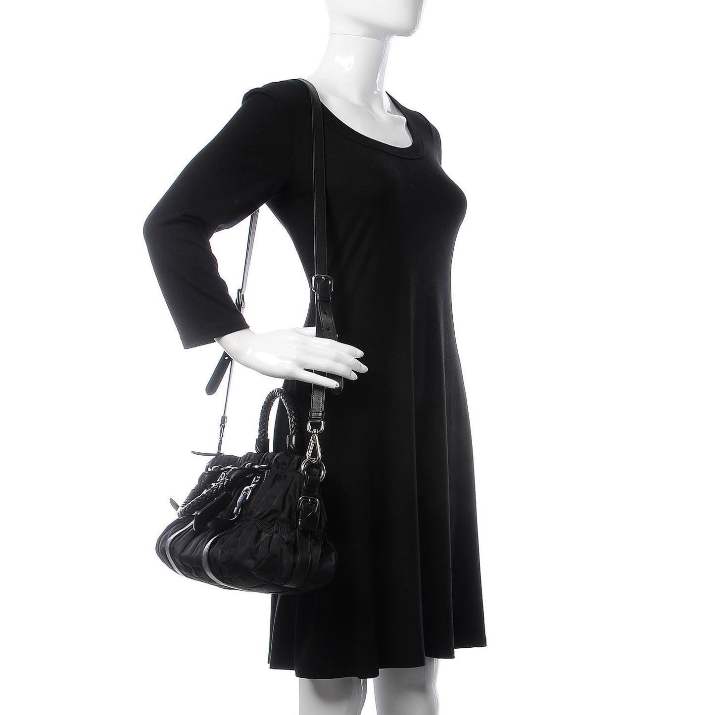 Tessuto Nylon Nappa Braided Gaufre Shopping Satchel Black