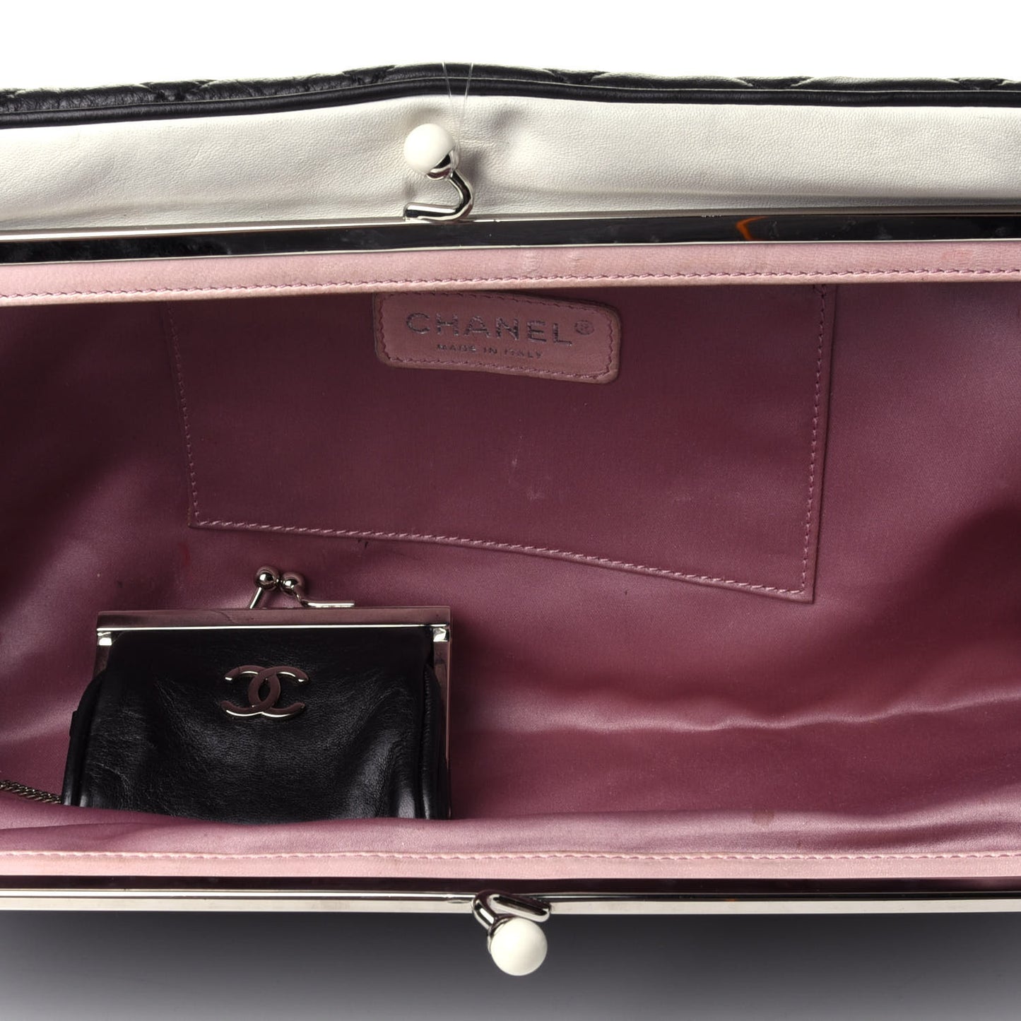 Lambskin Quilted Pearl Kiss Lock Clutch Black White