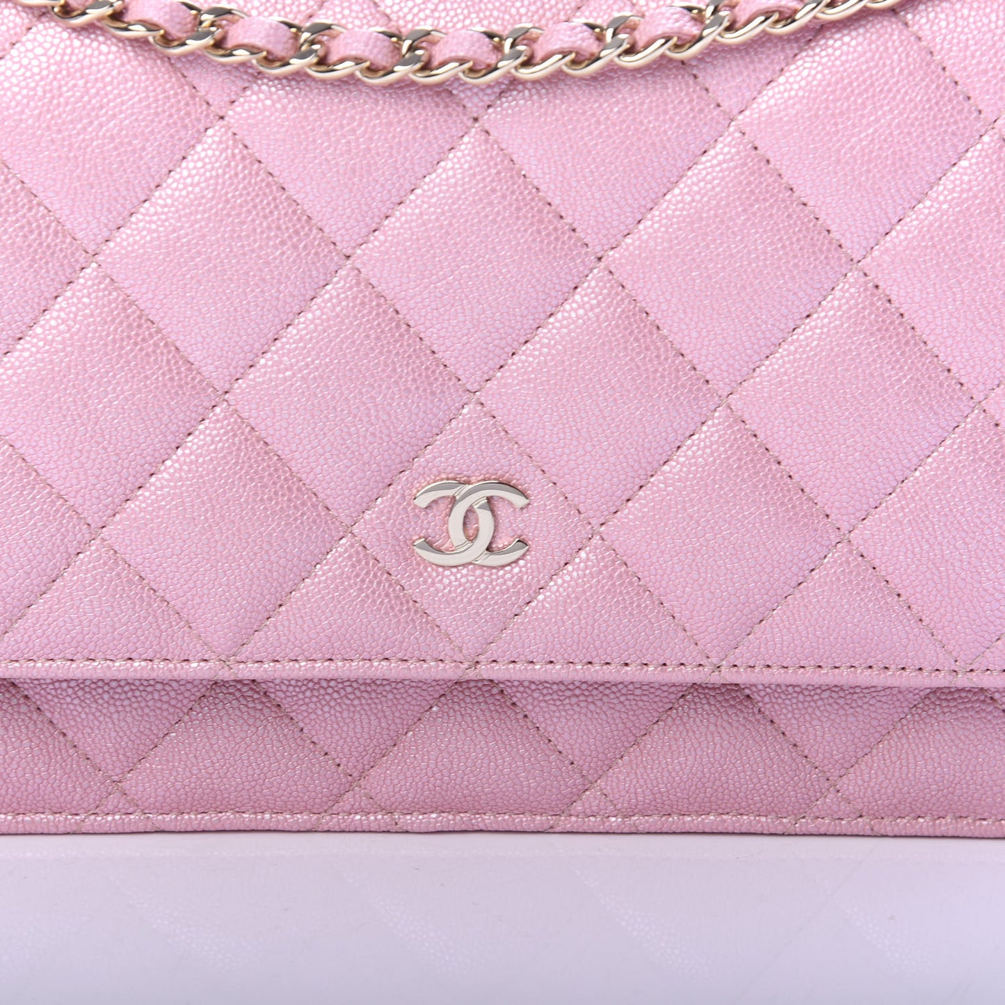 Iridescent Caviar Quilted Wallet on Chain WOC Rose Pink