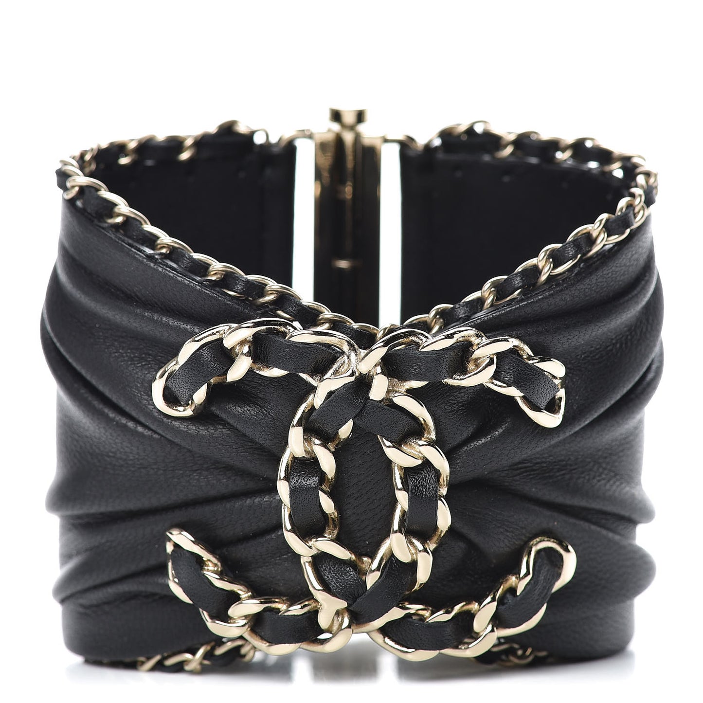 Lambskin Chain CC Cuff Bracelet Black Gold