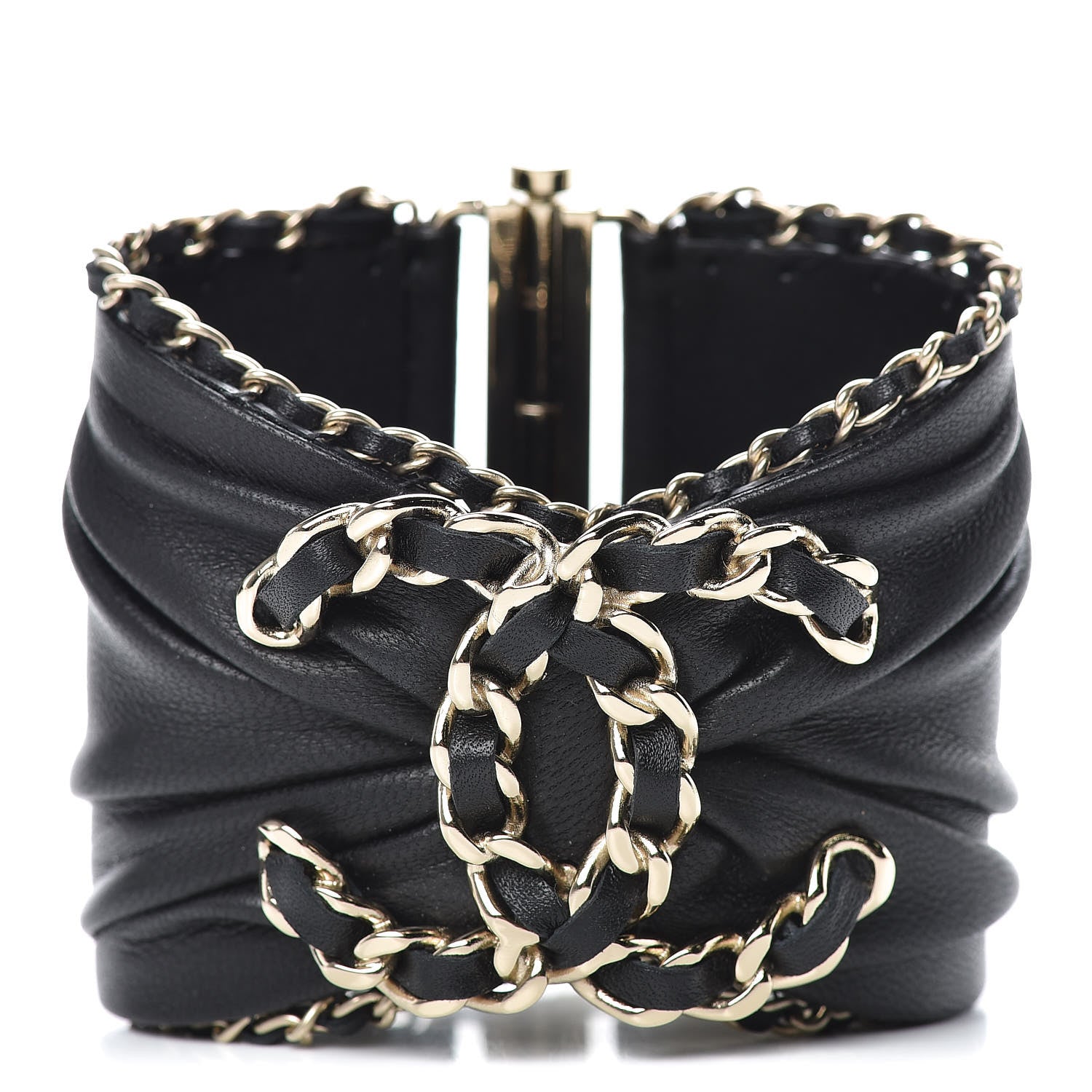 Chanel Lambskin Chain CC Cuff Bracelet Black Gold 1 of 6