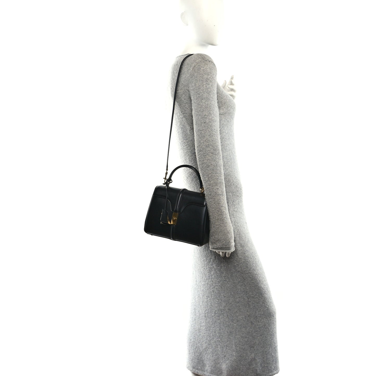 Satinated Calfskin Mini 16 Top Handle Bag Black