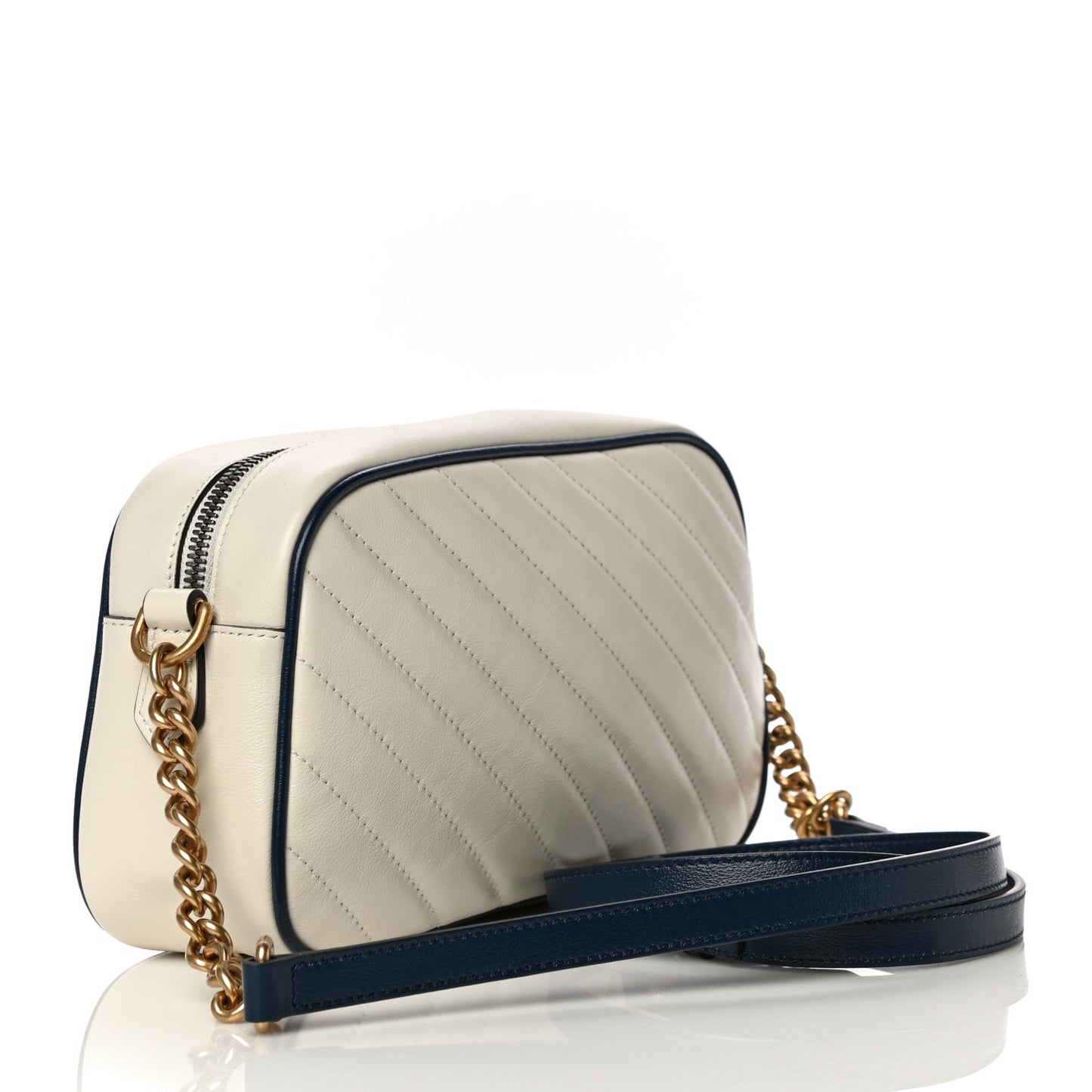 Vintage Effect Calfskin Matelasse Diagonal Small Torchon GG Marmont Chain Shoulder Bag Mystic White Blue Agata