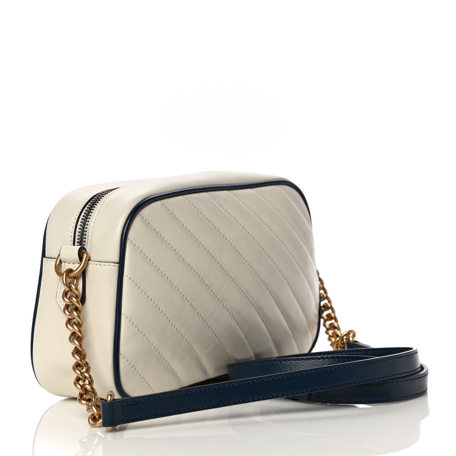 Gucci Vintage Effect Calfskin Matelasse Diagonal Small Torchon GG Marmont Chain Shoulder Bag Mystic White Blue Agata 3 of 11