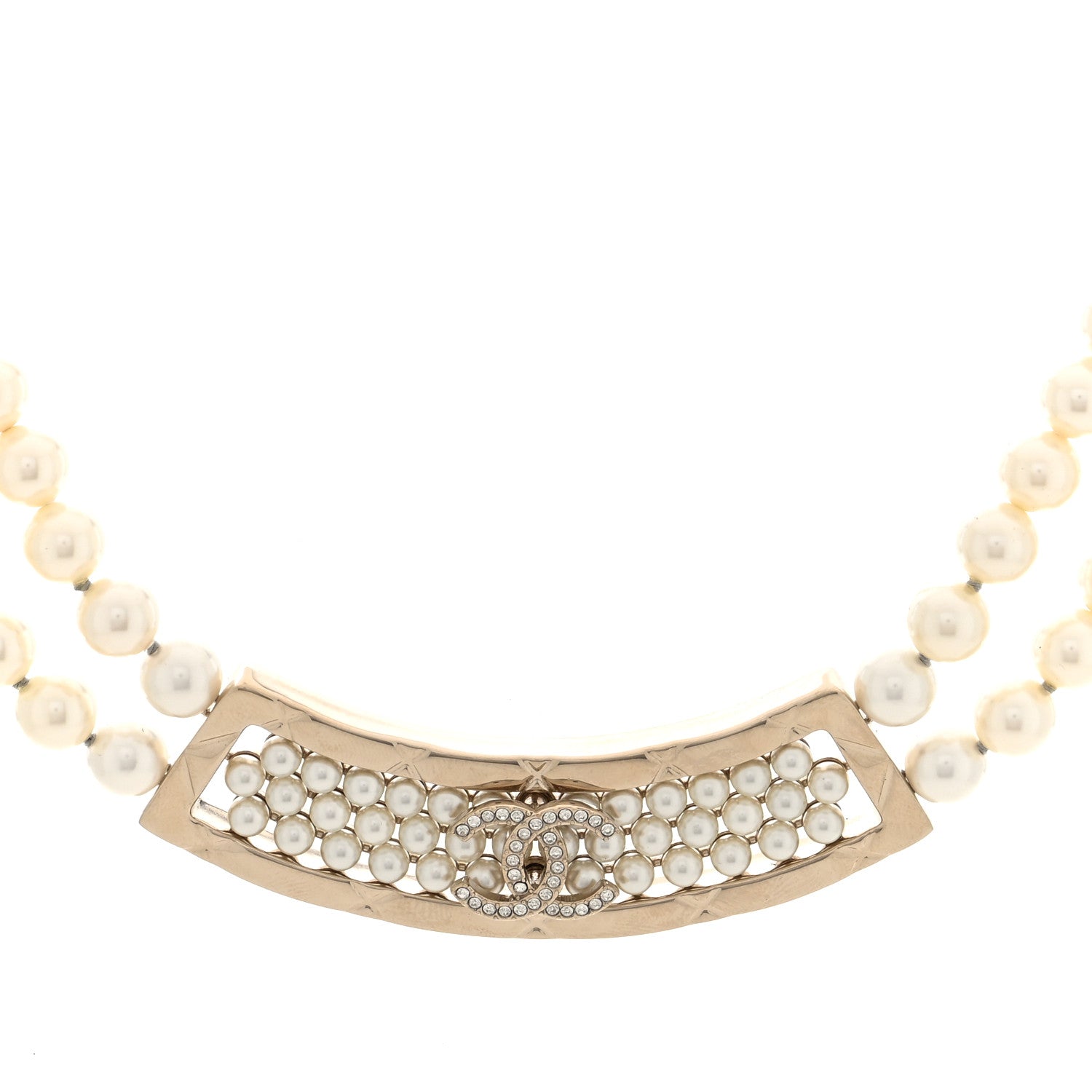 Chanel Pearl Crystal Strass CC Multi Strand Necklace Pearly White Gold 1 of 5