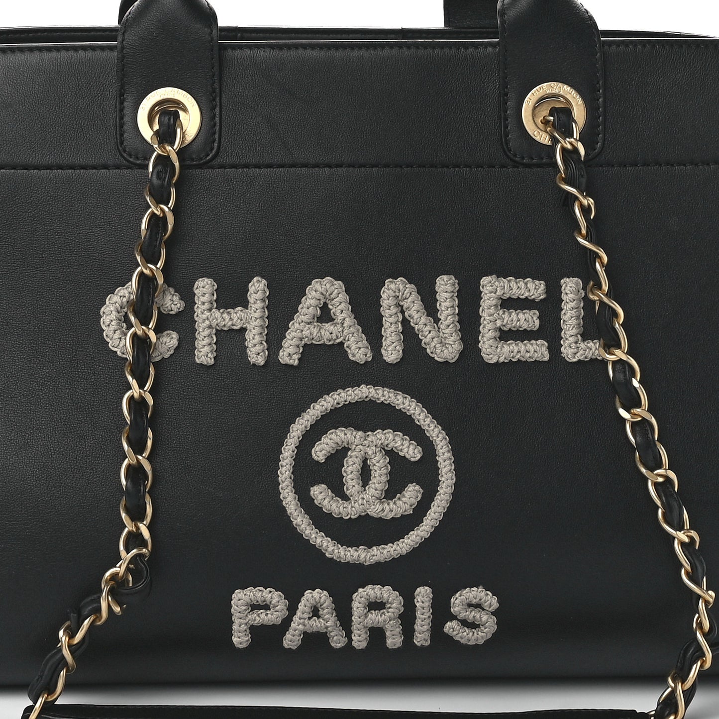 Calfskin Knit Medium Deauville Tote Black Beige
