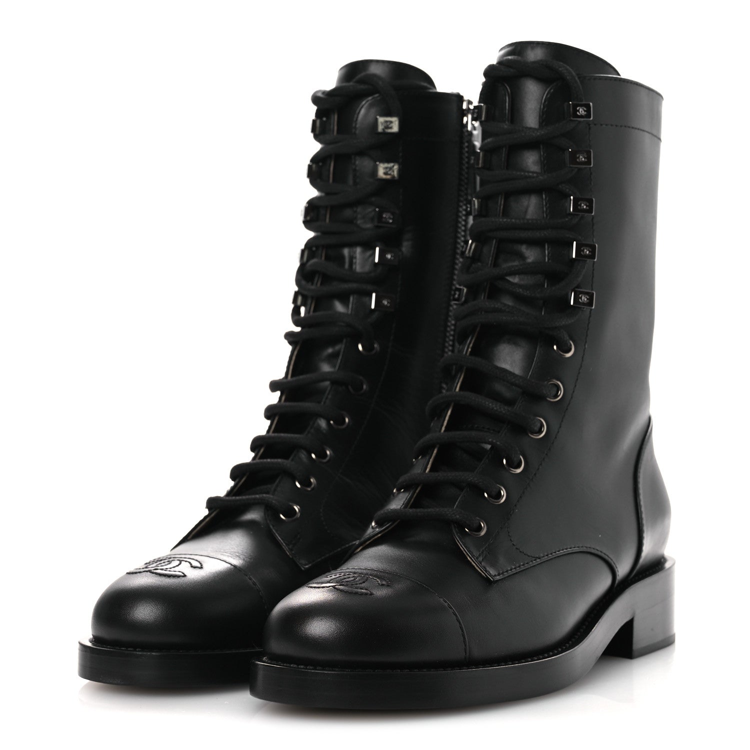 Chanel Calfskin Cap Toe Lace Up Combat Boots 37.5 Black 4 of 11