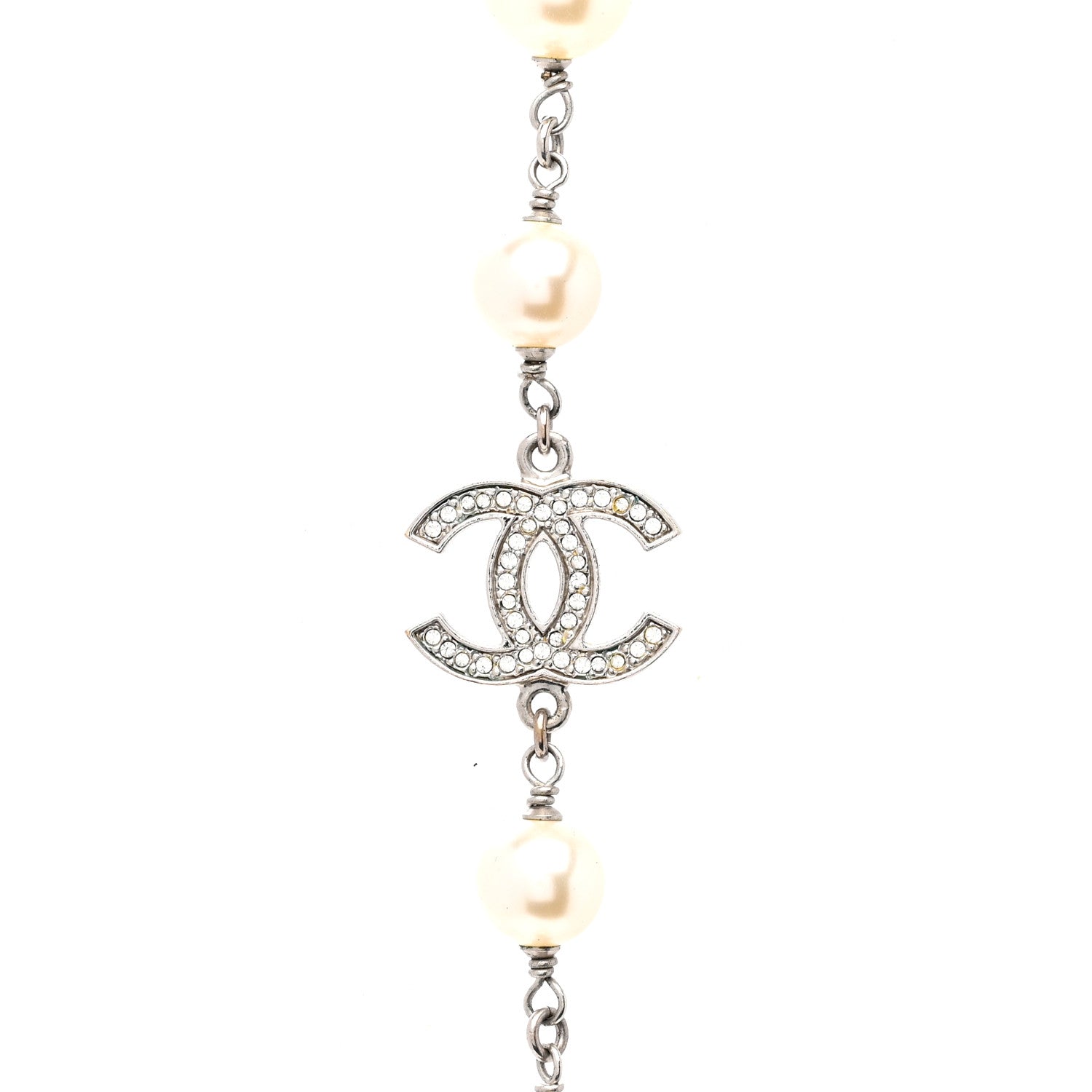 Chanel Graduated Pearl Crystal CC Long Necklace Silver 4 of 5