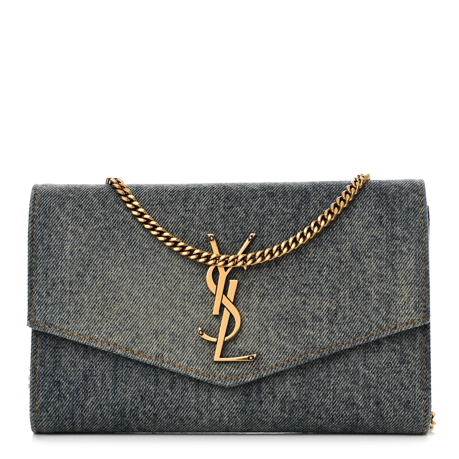 Saint Laurent Denim Monogram Chain Wallet Rodeo Blue Cinnamon 1 of 10