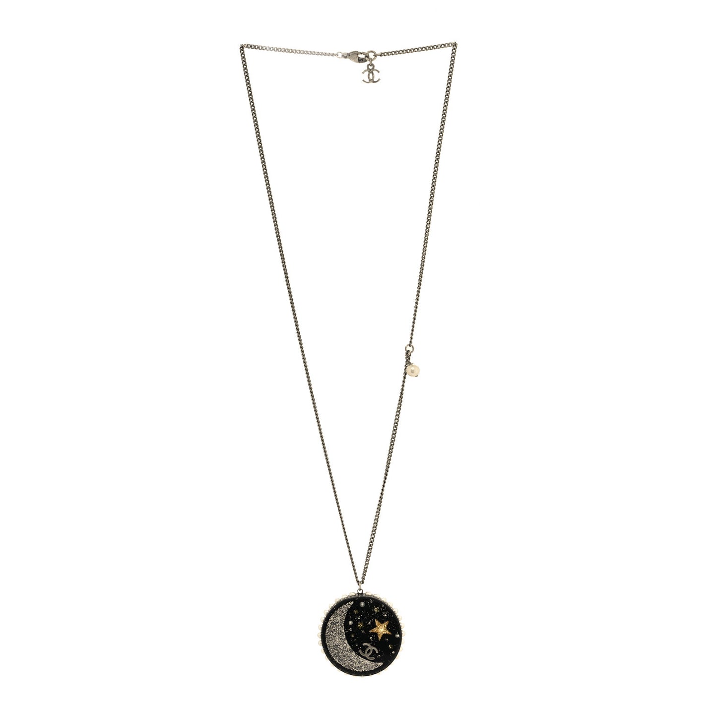 Glittered Resin Crystal Pearl CC Moon Pendant Necklace Black Gold Silver