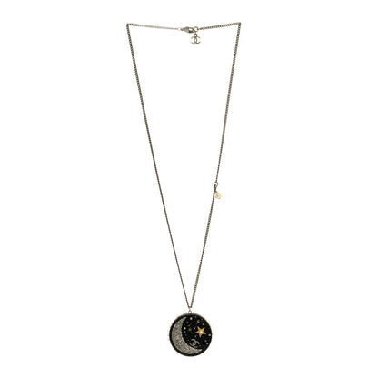 Chanel Glittered Resin Crystal Pearl CC Moon Pendant Necklace Black Gold Silver 3 of 5