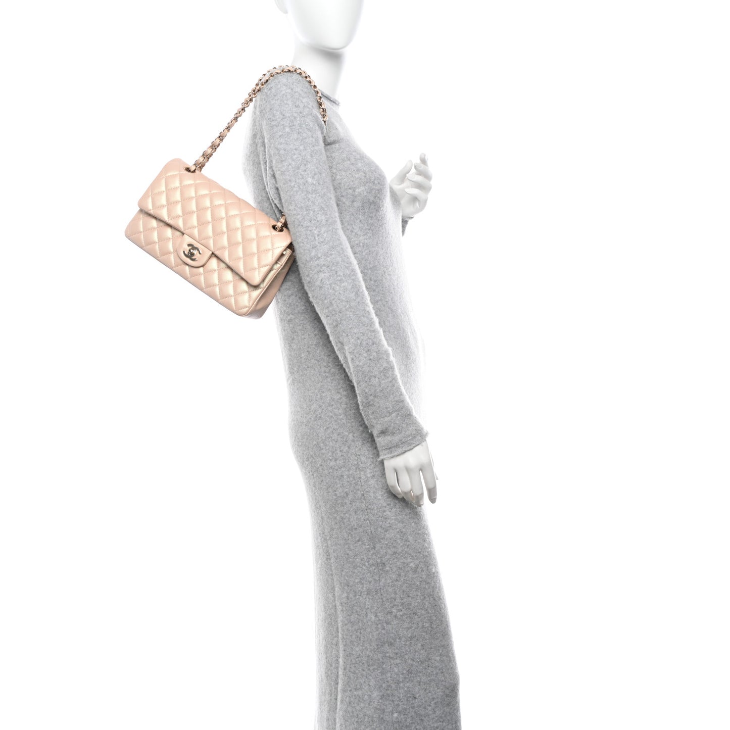 Iridescent Calfskin Quilted Medium Double Flap Beige