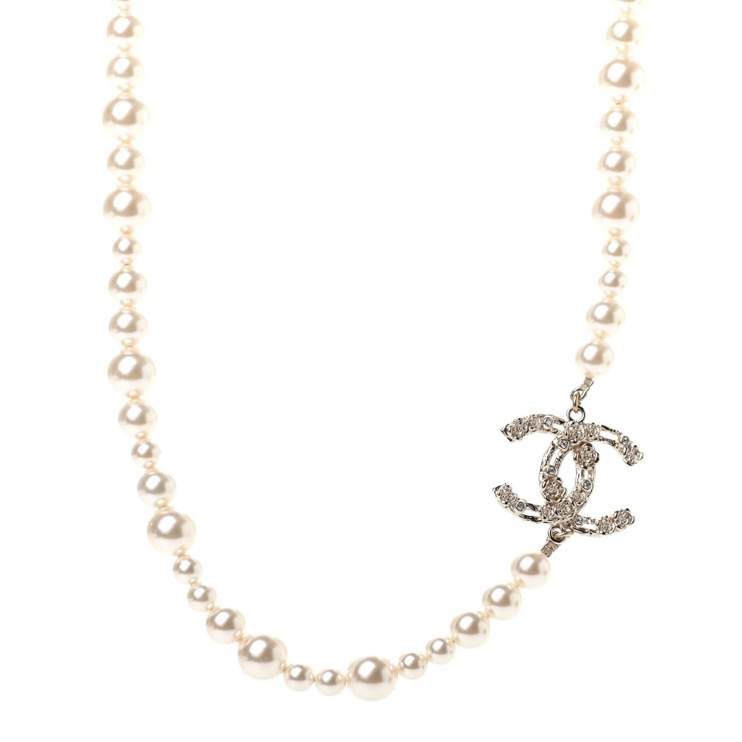Chanel Pearl Crystal CC Camellia Short Necklace Gold 1 of 5