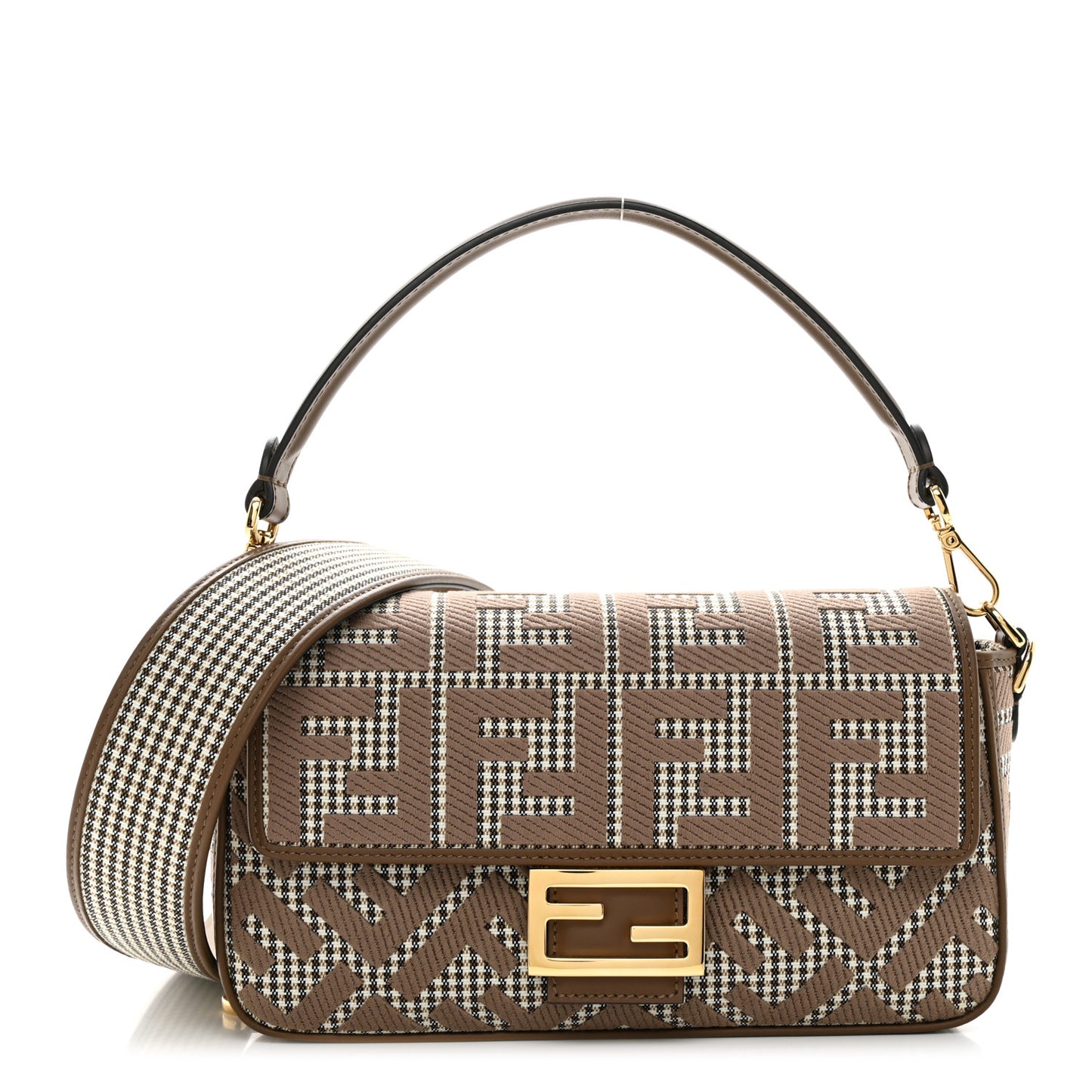 Wool Vitello King Houndstooth FF Embroidered Baguette Beige Moro