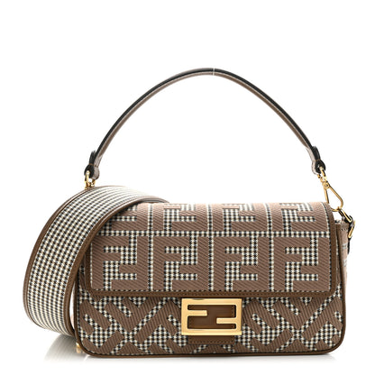 Fendi Wool Vitello King Houndstooth FF Embroidered Baguette Beige Moro 1 of 11