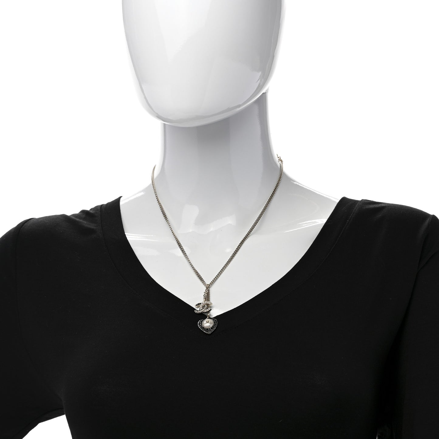 Pearl Crystal CC Heart Necklace Gold Pearly White Black