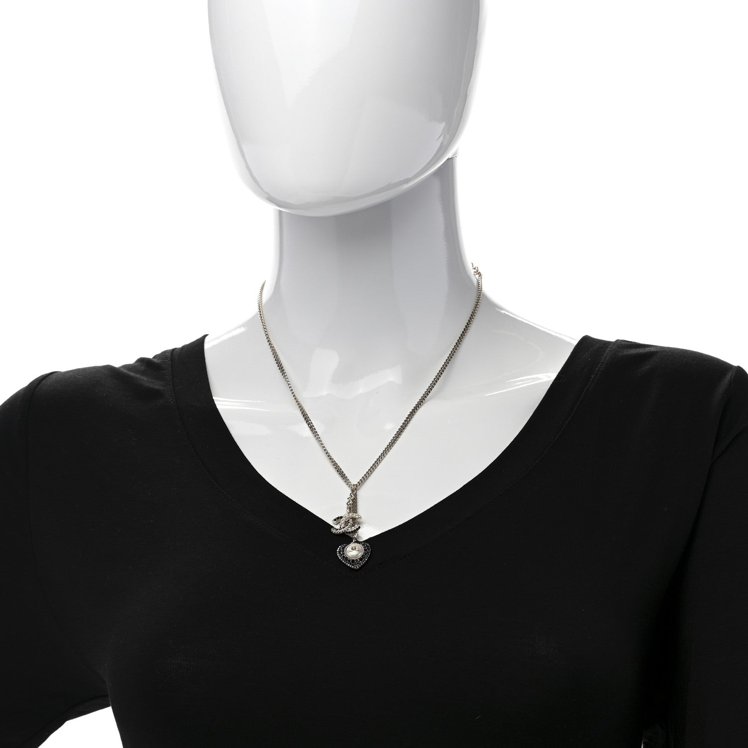 Chanel Pearl Crystal CC Heart Necklace Gold Pearly White Black 2 of 6
