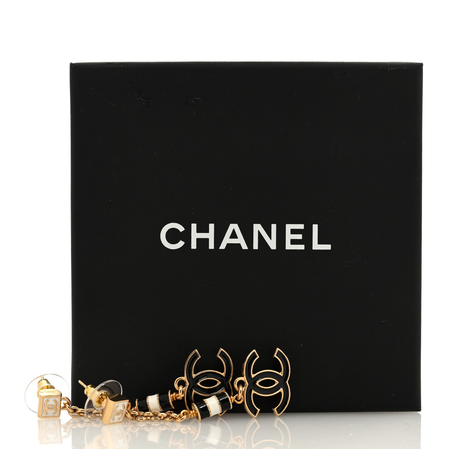 Chanel Metal Enamel CC Square Drop Earrings Gold White Black 5 of 5