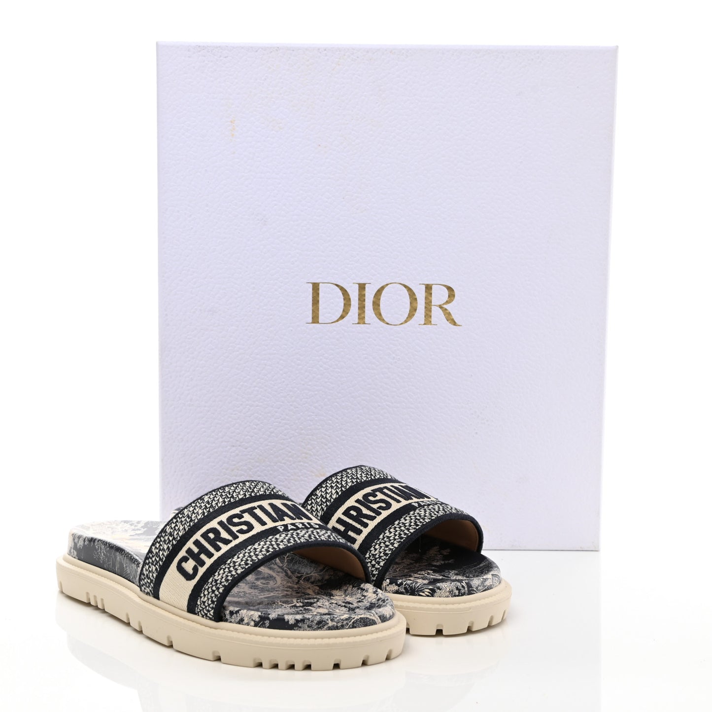 Canvas Toile de Jouy Embroidered Dway 10mm Slide Sandals 37 Deep Blue