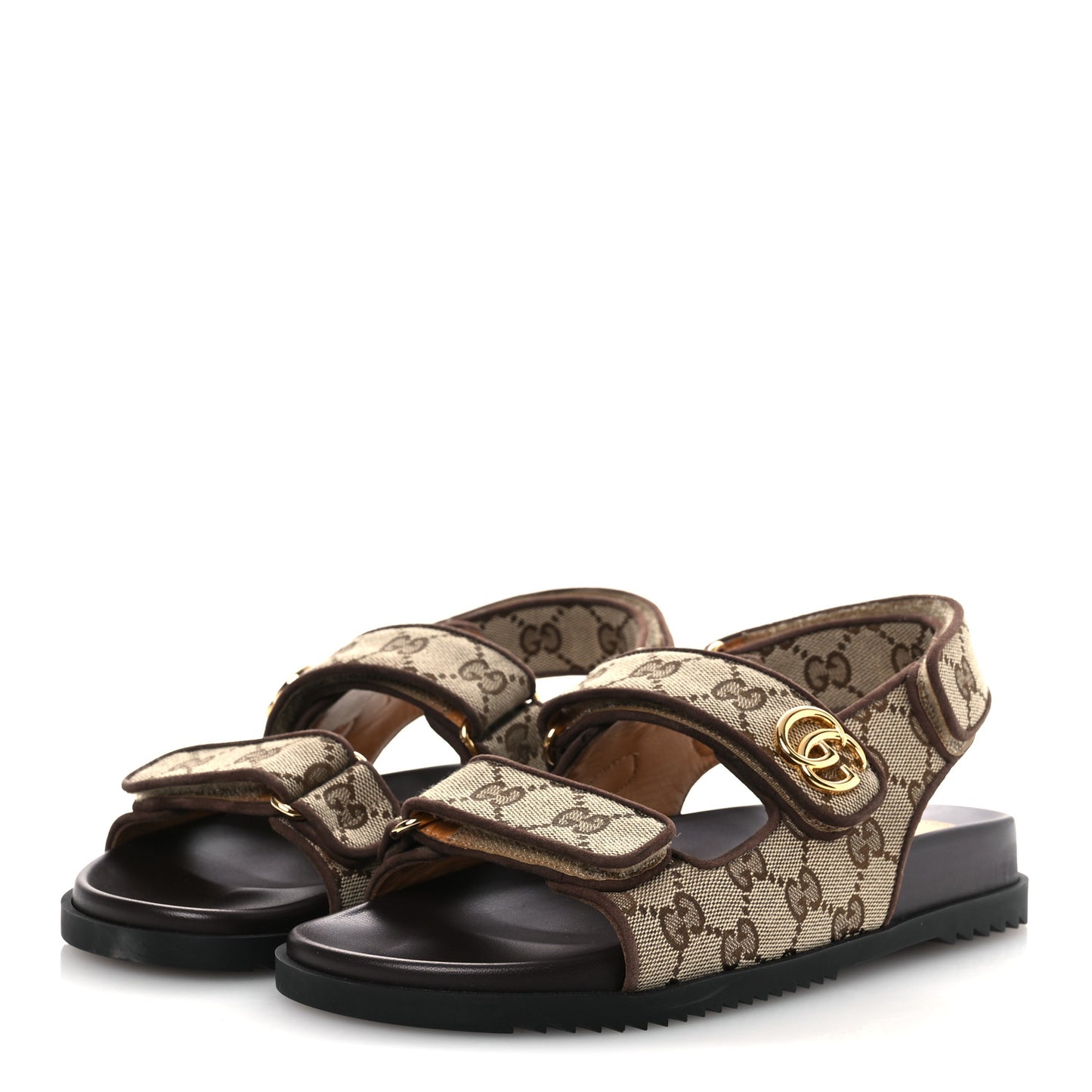 GG Monogram Lavaredo Eco Fabric Womens Slide Sandals With Straps 37 Beige Ebony Light Brown