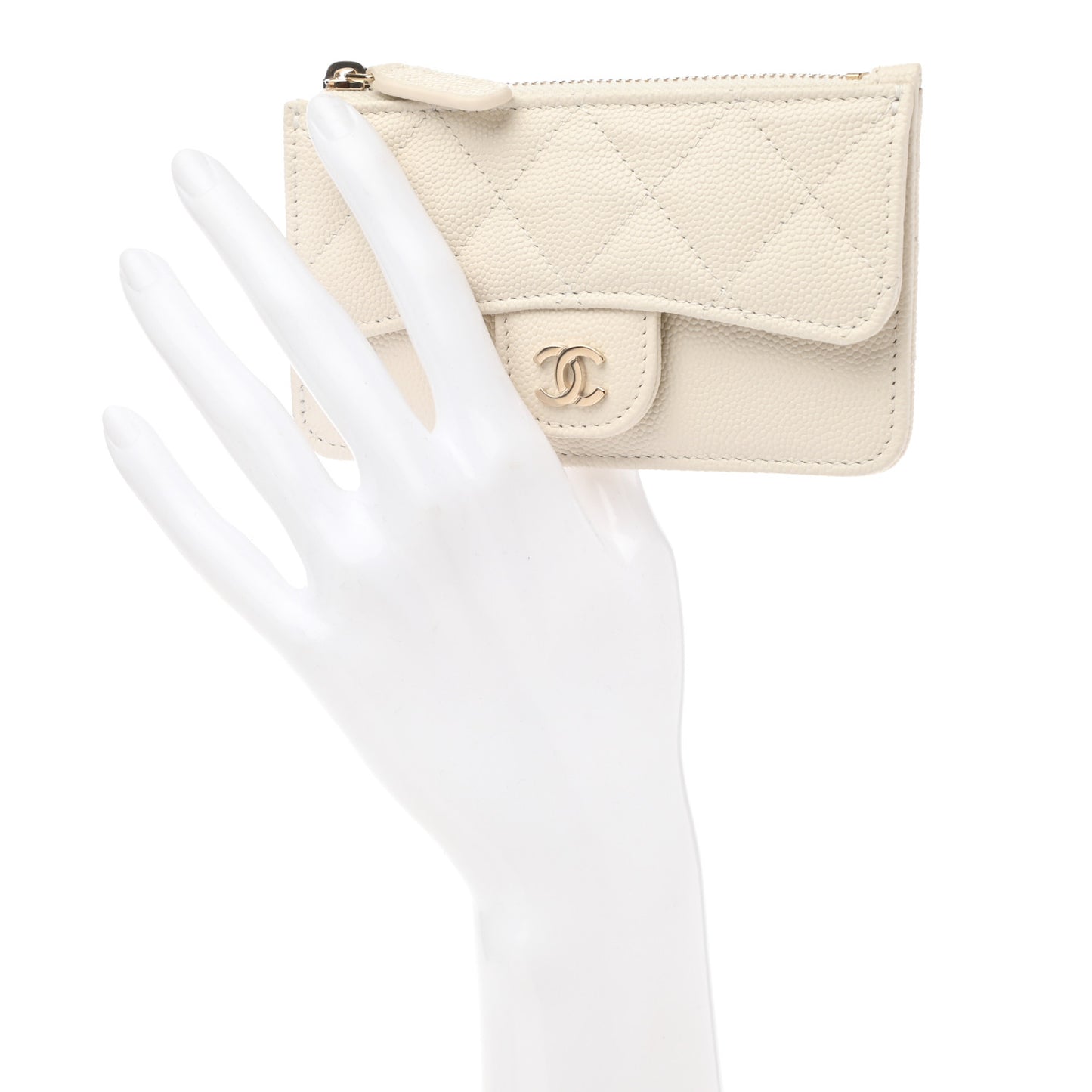 Caviar Quilted Flap Zip Card Holder White