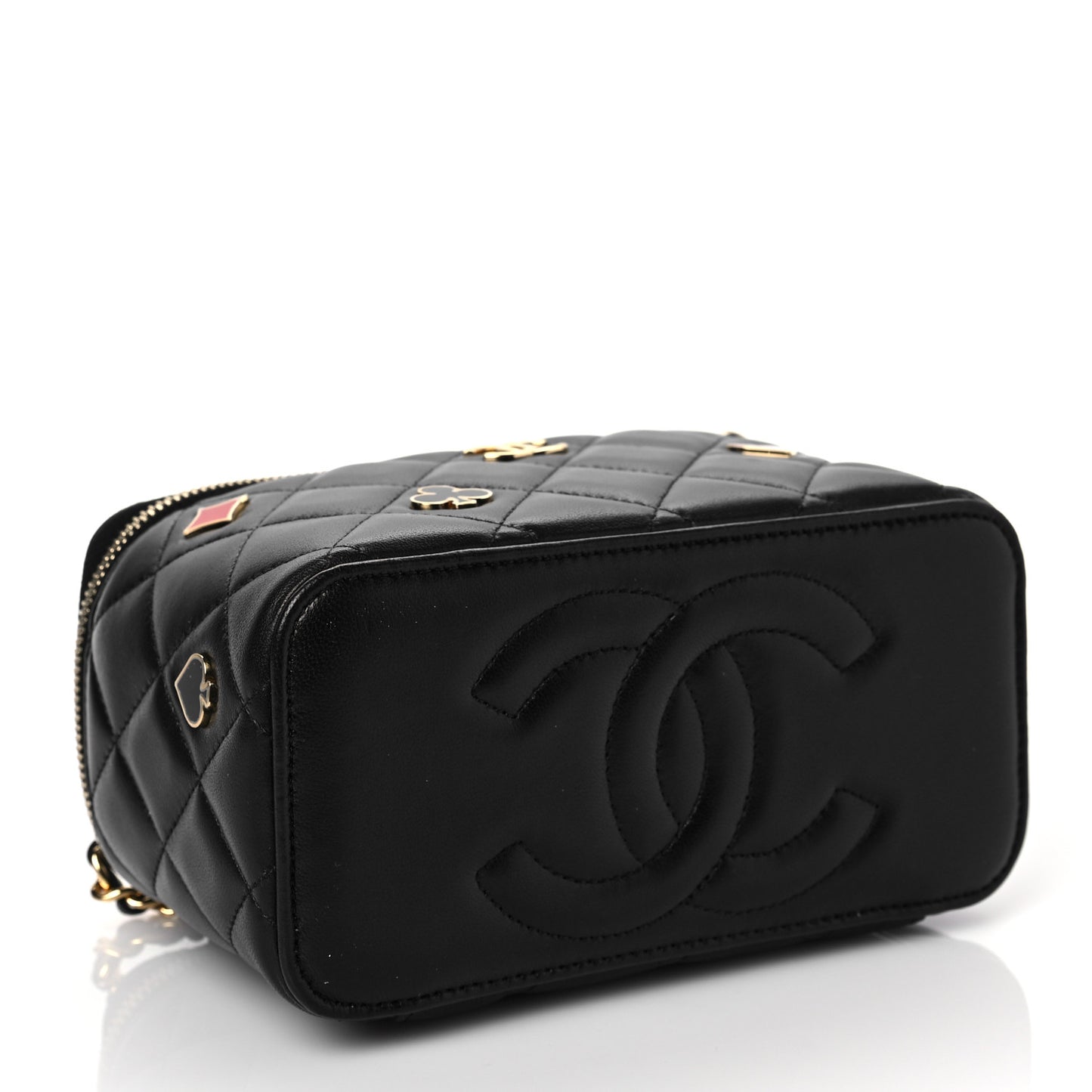 Lambskin Quilted Enamel Coco Casino Small Vanity Case With Chain Black
