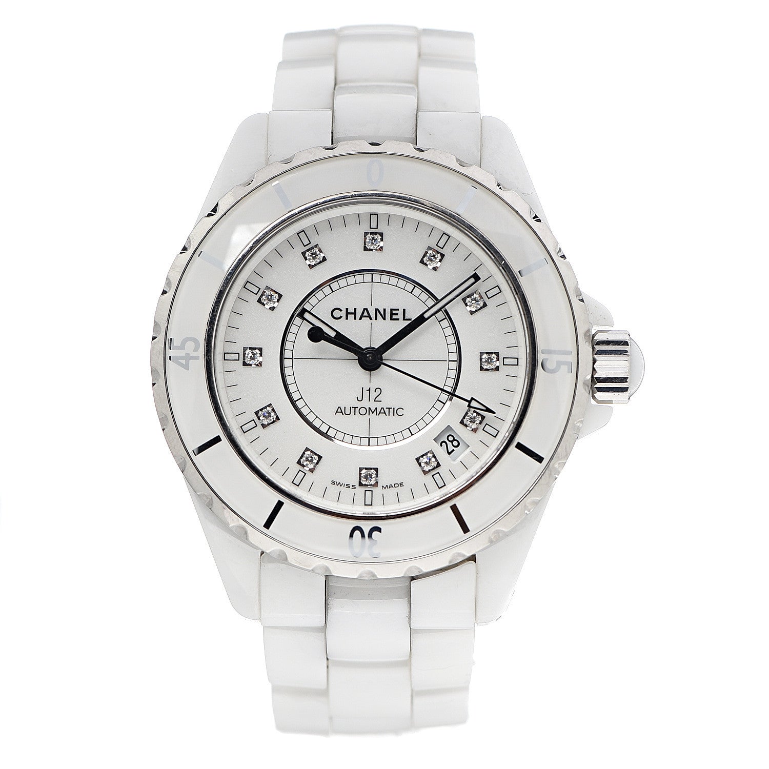 Chanel Stainless Steel Ceramic Diamond 38mm J12 Automatic Watch White 1 of 5