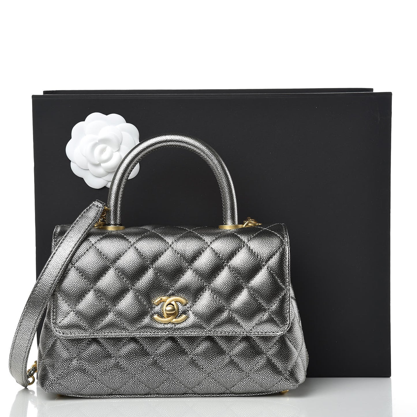 Metallic Caviar Quilted Mini Coco Handle Flap Silver