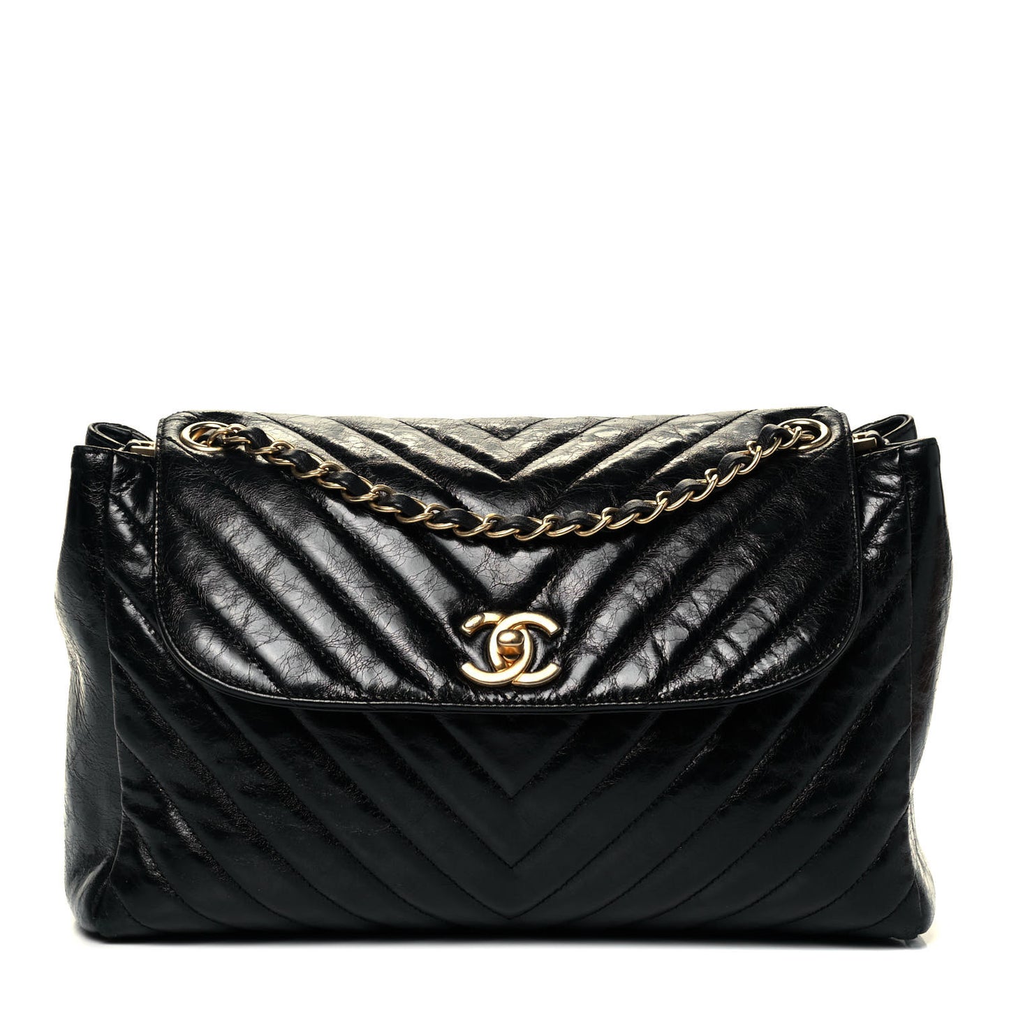 Glazed Calfskin Chevron Quilted Large Hampton Flap Black